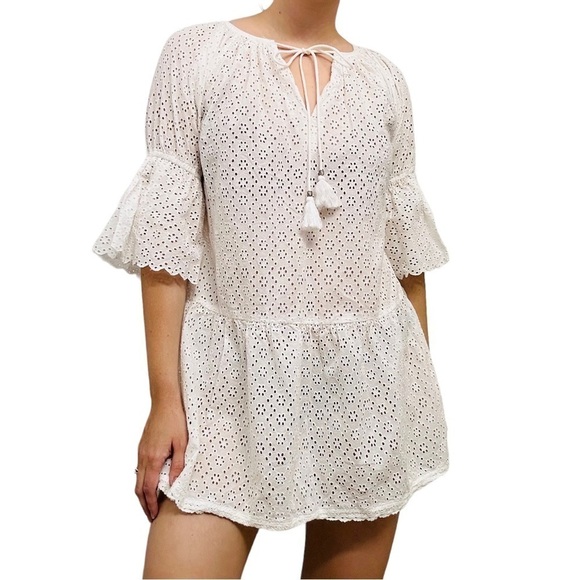 Playa Lucila Coverup Dress Mini White Beach Swimsuit Dainty Eyelet Cotton Small - Picture 8 of 8